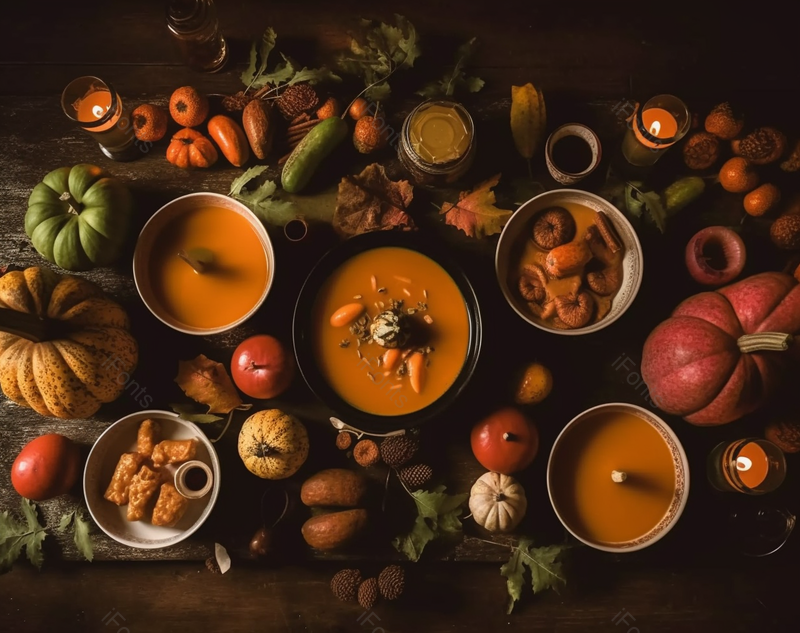 暗色蒜头西红柿胡萝卜摆放在桌面的南瓜粥美食摄影背景,高清,摄影图,摄影图片,图片大全,摄影图免费下载